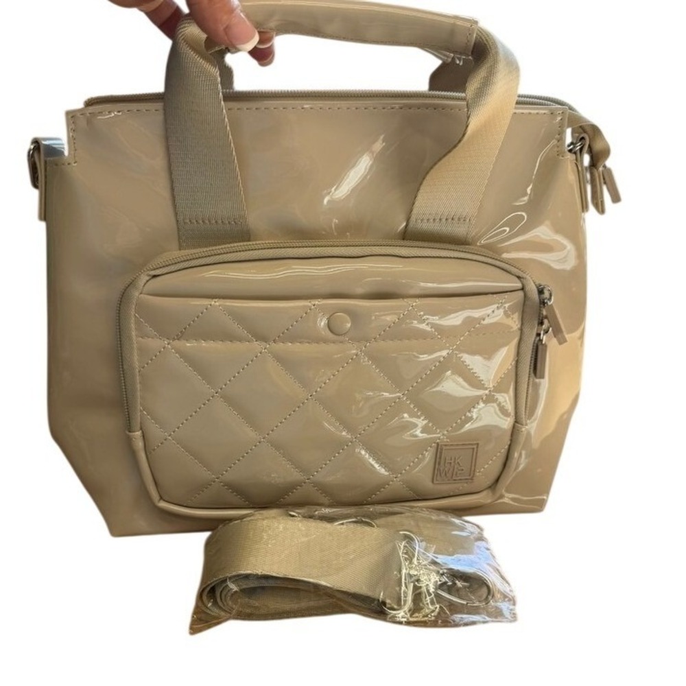 NWOT!‎ "IHKWIP" Beige Patent Vegan Leather Satchel Crossbody Bag Quilted Pocket